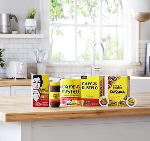 cafe bustelo coffee products sitting on countertop